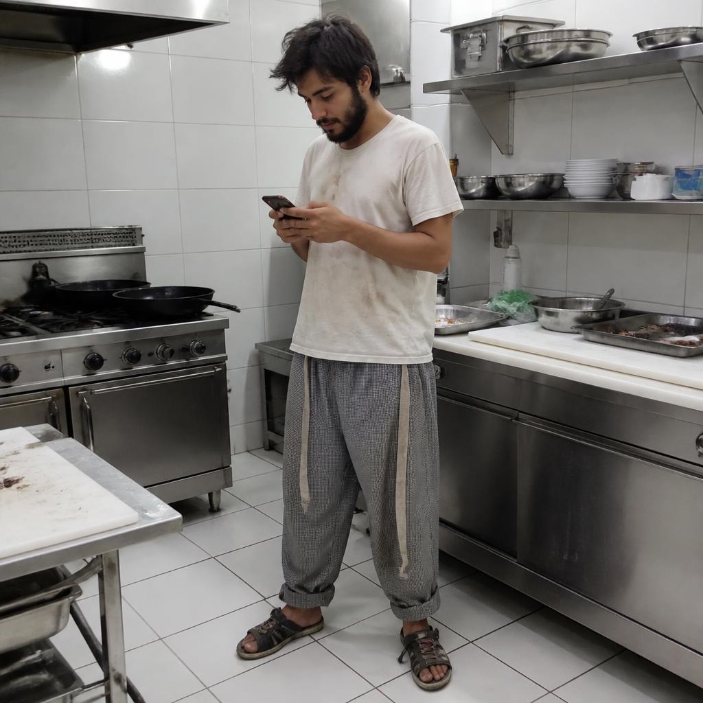 Colaborador com camiseta suja, sem touca, de sandália e usando o celular na cozinha