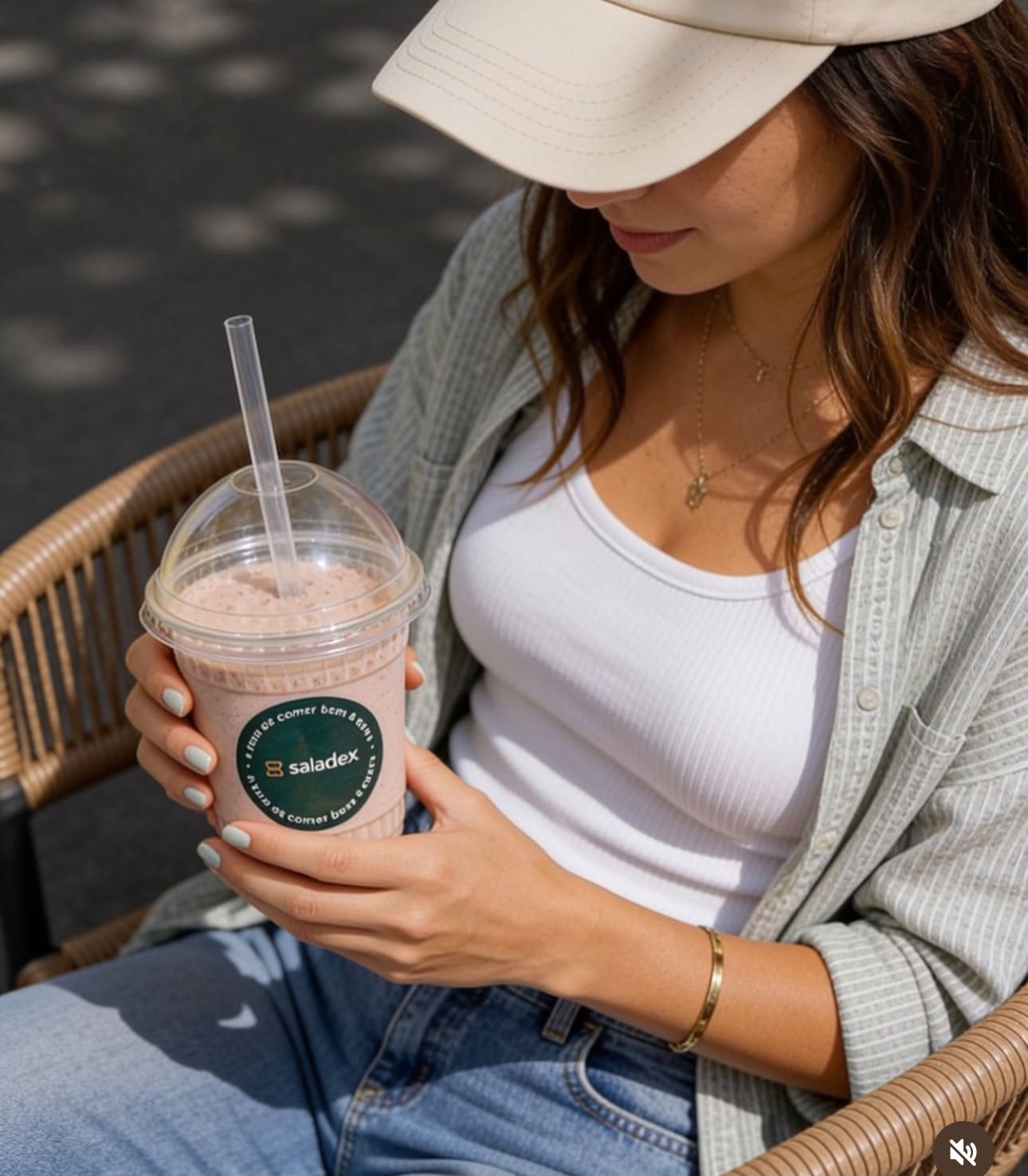 Cliente Saladex com um smoothie em copo da marca